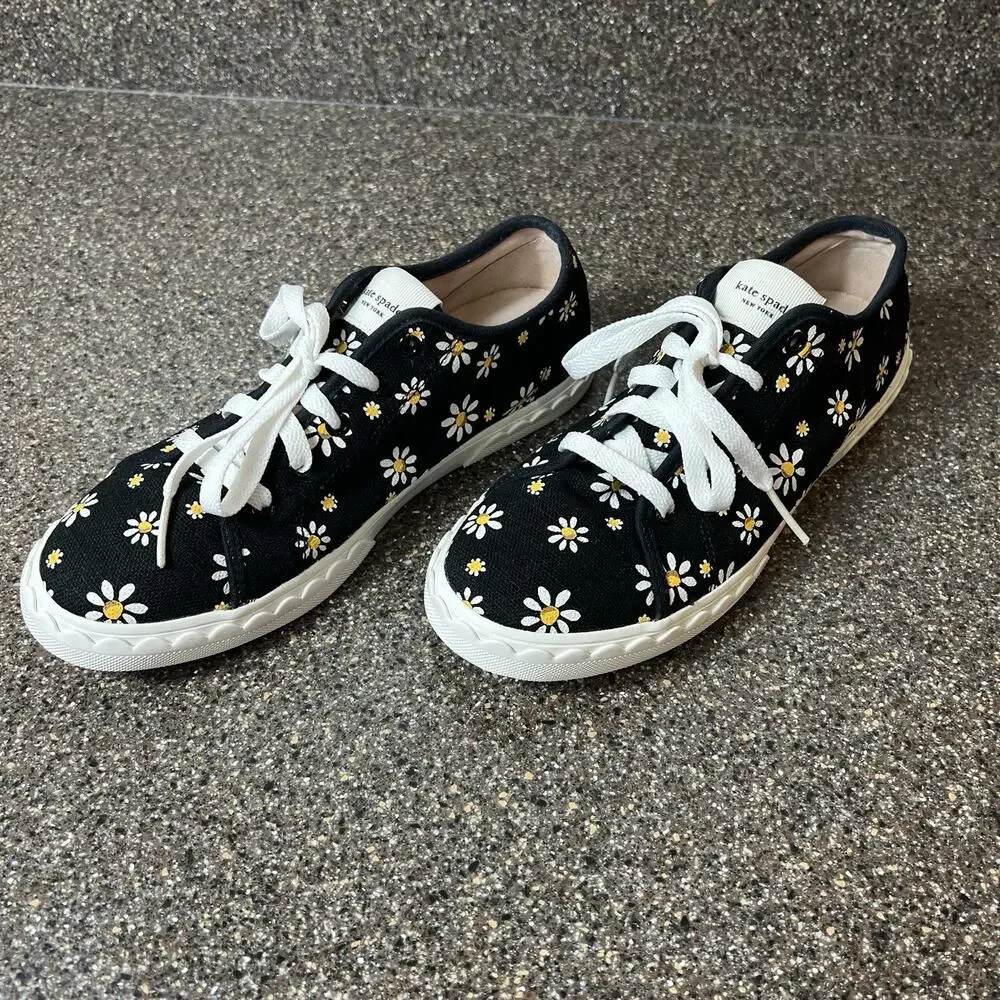 kate spade new york Sneaker Floral Daisies Canvas Black Women Sz 7.5 Lace Up Low